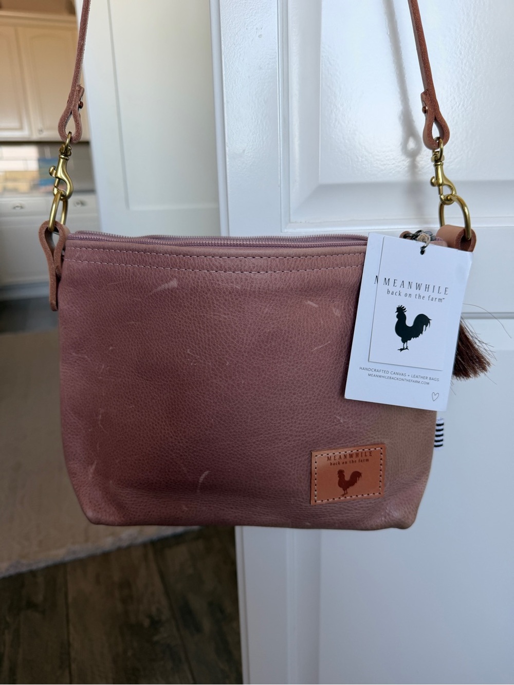 Meanwhile Back On The Farm light pink Leather Crossbody Bag w/ Adjustable Strap
